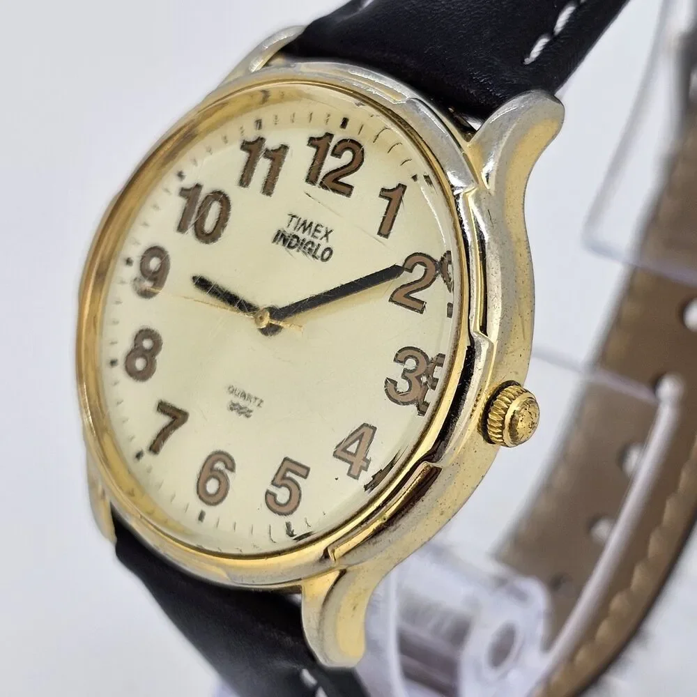 Timex‎ Men's Watch 35MM Gold Dial New Black White Leather Bands New Battery
